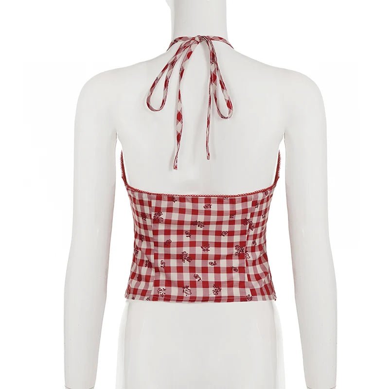Cute Sweet Woven Plaid Short Tank Top with Ribbons Breathable Eco - Friendly V - Neck Design 100% Polyester Color - Zeprah