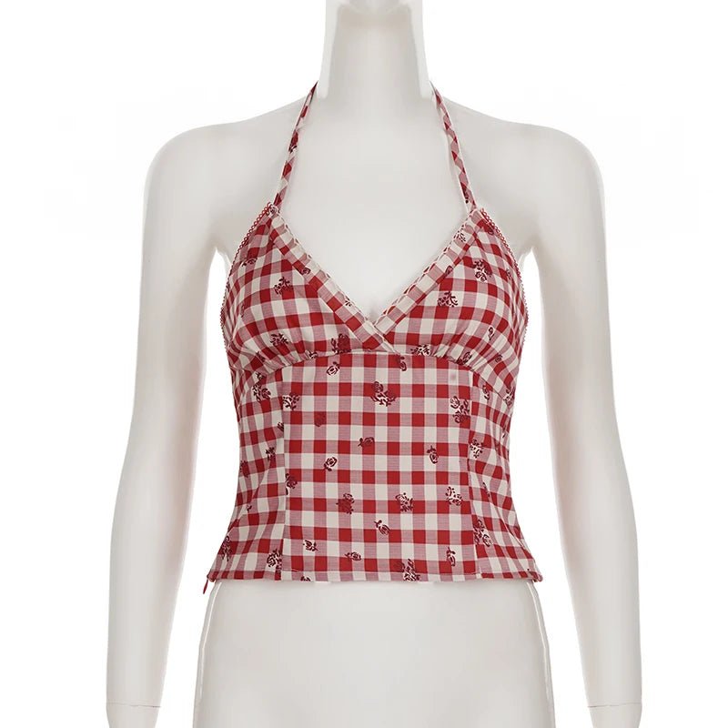 Cute Sweet Woven Plaid Short Tank Top with Ribbons Breathable Eco - Friendly V - Neck Design 100% Polyester Color - Zeprah
