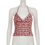 Cute Sweet Woven Plaid Short Tank Top with Ribbons Breathable Eco - Friendly V - Neck Design 100% Polyester Color - Zeprah