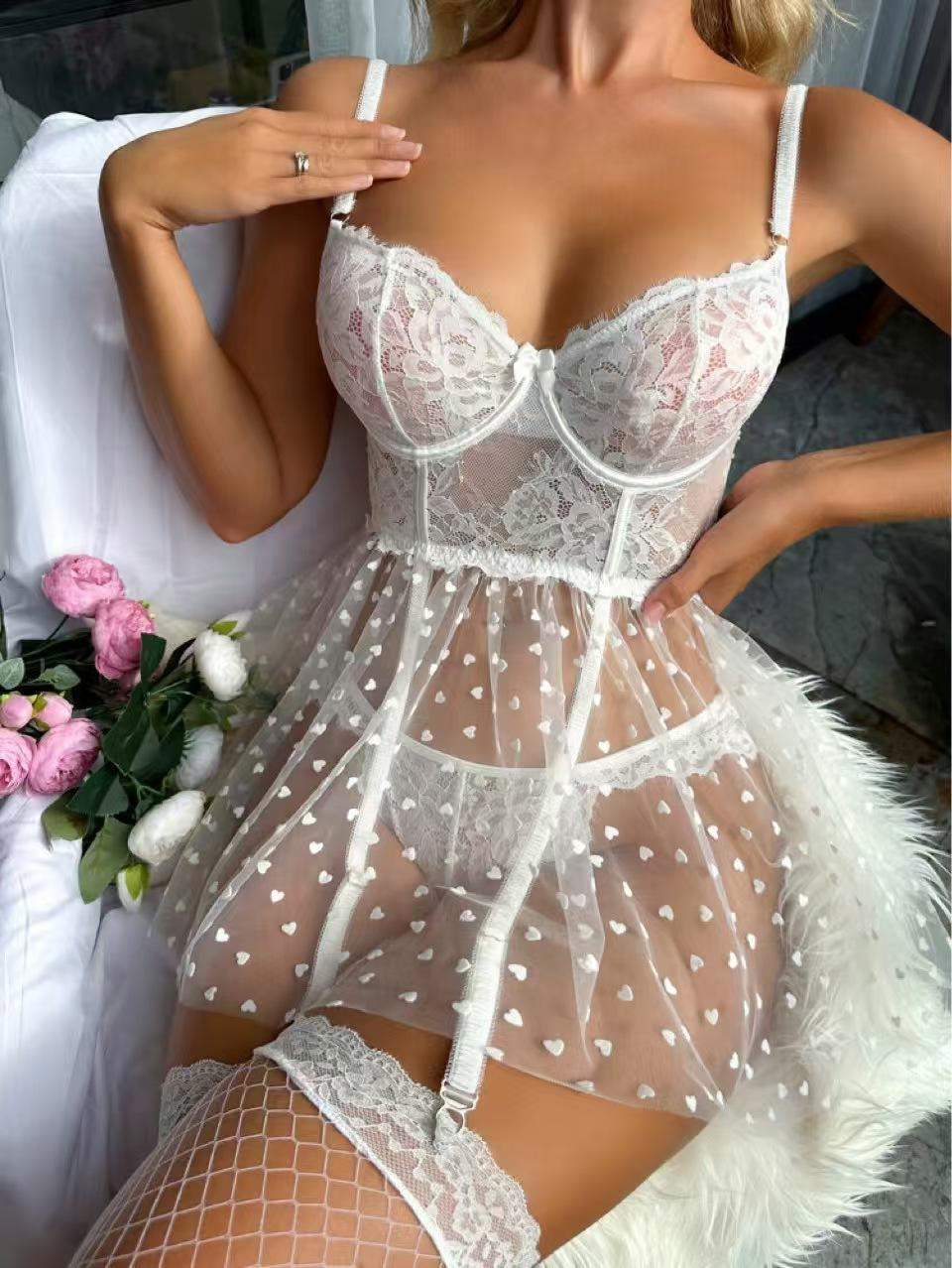 Sexy Women's Spotted Mesh Hollow Suspender Skirt Set