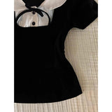Black White Peter Pan Collar Blouse, Vintage Short Sleeve Fitted Top with Hollow Out Design