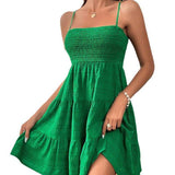 Women Spaghetti Strap Smocked Bust Tiered Ruffle Mini Dress Square Neck Loose Swing Summer Casual Beach Dress