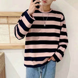 Men Two Tone Striped Long Sleeve T Shirt Loose Crew Neck Casual Stripe Top