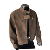 Men Vintage Distressed Suede Stand Collar Motorcycle Jacket Multi Zipper Pocket Cropped Retro Streetwear Coat