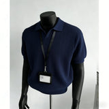 Men Vertical Rib Knit Polo Shirt V Neck Lapel Collar Short Sleeve Slim Fit Knitted T Shirt Daily Business Casual Tops