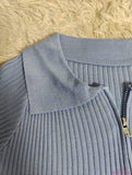 Double Zipper Women's Clothing Knitted Tops for Women Plain Short-Sleeved Tee