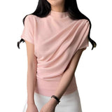Women Mock Neck Draped Ruched Waist Short Sleeve Knit Top Slim Fitted Elegant Casual Blouse