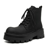 Black Synthetic Leather Mid Calf Lace up Chunky Anti Slip Sole Retro Boots for Daily Commute Street Fashion