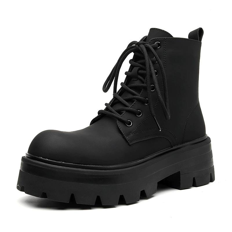 Black Synthetic Leather Mid Calf Lace up Chunky Anti Slip Sole Retro Boots for Daily Commute Street Fashion