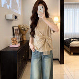 Women's Khaki Cross Wrap Bow Tie T-Shirt Asymmetrical Waist Short Sleeve Casual Loose Tops