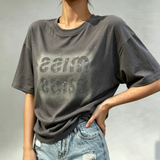 Women Gradient Full Rhinestone Reversed Letter Short Sleeve T Shirt Oversized Loose Sparkle Diamond Soft Casual Graphic Tee Tops
