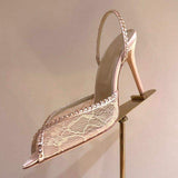 Women's Lace Rhinestone Slingback Heels Pointed Toe Stiletto Sandals for Wedding Party Evening