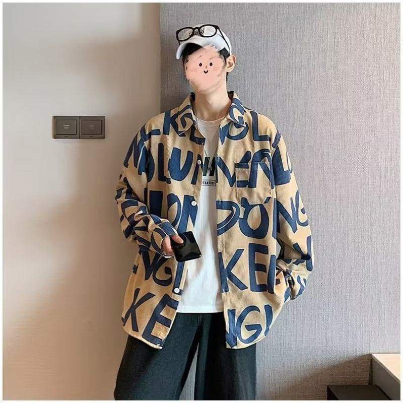 Men's Corduroy Long Sleeve Shirt Trendy High Street Loose All Over Print Blouse Hong Kong Style Couple Casual Shirt