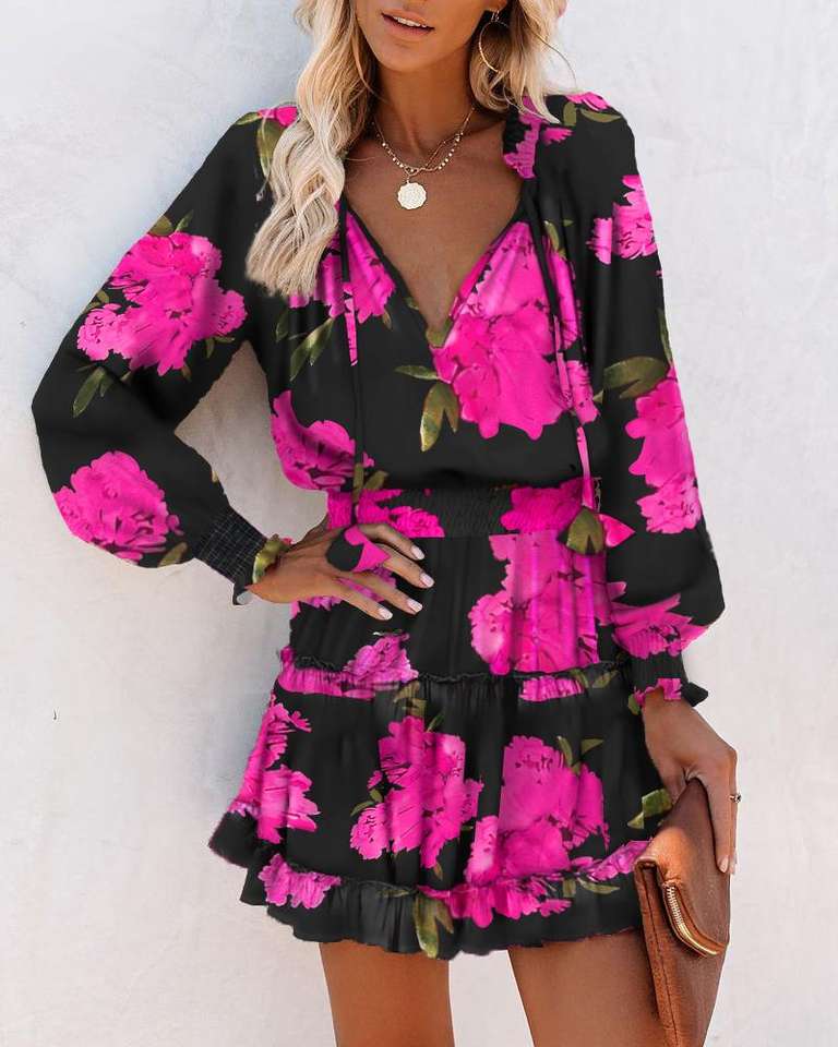 Women Long Sleeve Floral Dress V Neck Ruffle Tiered Elastic Waist Boho Mini Dress