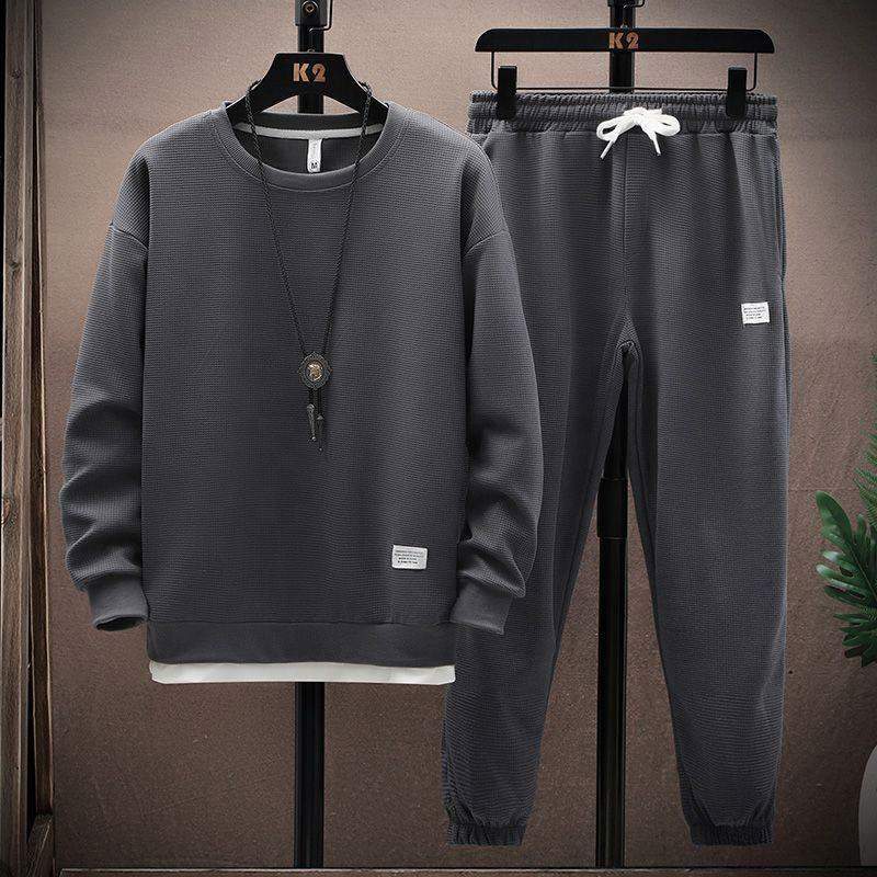 Hot Selling Men's Waffle Grid Two-Piece Set Long Sleeve Sweatshirt Casual Pants Loose Fit Autumn New Arrival Sportswear