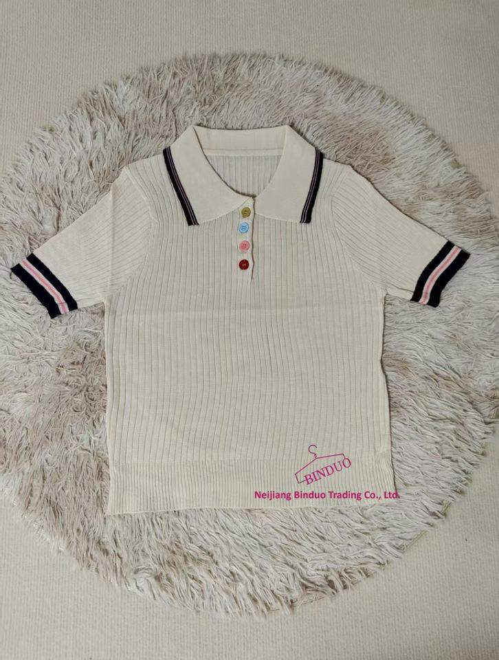 2025 Summer New Women's Polo Collar Color Block Knit Short Sleeve Retro Turn-Down Collar Slim Fit Casual Top