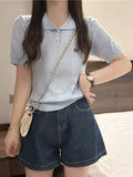 simple Short Sleeve T-shirt Knitted Tops for Women Bow Embroidery Short-sleeved Knitwear