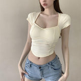 2026 Build in Bra Backless Sexy Solid Color T-shirt Short Sleeve Slim Women's T-shirt