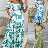 Off Shoulder Puff Sleeve Cutout Waist Floral Print Tiered Maxi Dress Women Summer Boho Vacation Beach Long Dress