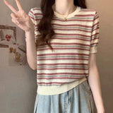 Crewneck Knitted Loose-fit Short-Sleeved Tee T-shirt for Women