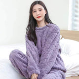 Winter Warm Fleece Pajamas for Women - Thickened Jacquard & Loose Long Sleeve Loungewear Set