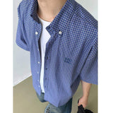 Vintage American Blue Plaid Short Sleeve Shirts for Men Women, Loose Fit Premium Versatile Layered Casual Shirt Jacket