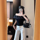 Women Off Shoulder Ruffle Flounce Top Side Ruched Waist Slim Cropped Blouse Multiple Colors Casual Tee