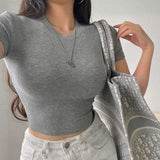 Women's Summer Basic Style Small Round Neck Short Style Exposed Navel T-shirt Elastic Tight Short Sleeved Base Top