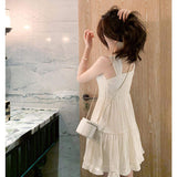 Women White Sleeveless Tiered Mini Dress Square Neck Button Down Ruffle Hem Casual A-Line Summer Sundress