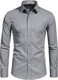 Men's 4-Way Stretch Wrinkle-Free Long Sleeve Shirt with Pockets, Mercerized Vertical Drape European Size Business Blouse