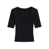 Women Lapel V Neck 3/4 Sleeve Cropped Top Slim Fit Stretch Solid Color Basic Casual Tee Shirt