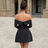 Women Off Shoulder Blazer Dress Long Sleeve Pocket Detail Elegant Office Mini Dress