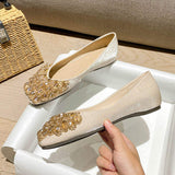 Women's Rhinestone Embellished Closed-Toe Flat Slipper Pumps - Comfortable Soft Sole Office Shoes