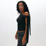 Dark Punk Vintage Collarless Rhinestone Detachable Tie Straps Shoulder Top Women Slim Fit Streetwear Summer Fashion T Shirt High - Zeprah
