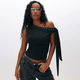 Dark Punk Vintage Collarless Rhinestone Detachable Tie Straps Shoulder Top Women Slim Fit Streetwear Summer Fashion T Shirt High - Zeprah