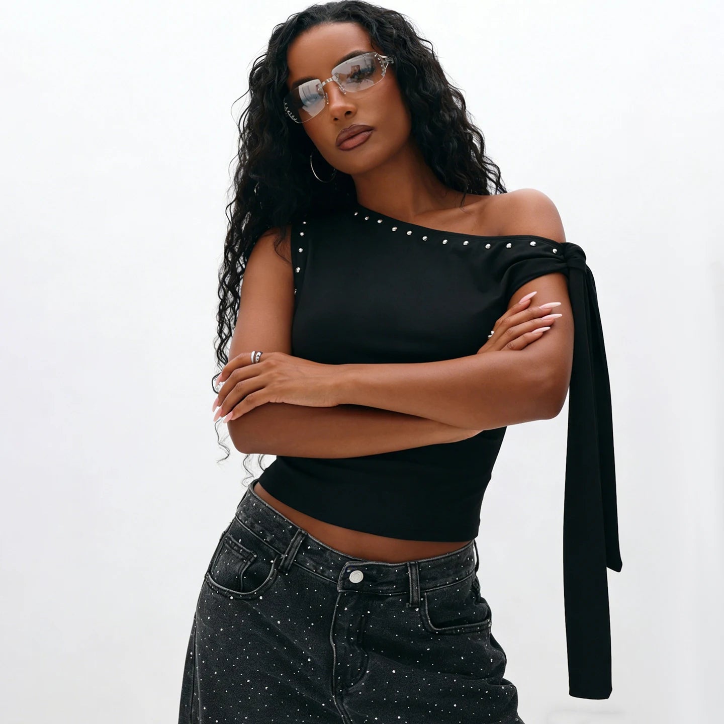 Dark Punk Vintage Collarless Rhinestone Detachable Tie Straps Shoulder Top Women Slim Fit Streetwear Summer Fashion T Shirt High - Zeprah