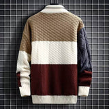 Men Color Block Patchwork Cable Knit Sweater Half Turtleneck Long Sleeve Retro Color Contrast Pullover Streetwear Jumper