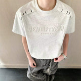 Men Embossed Letter Crew Neck Shoulder Stripe Loose Short Sleeve Casual Tee
