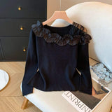 2026 New Arrival Women's Asymmetrical Off-Shoulder Knit Top with Tulle Ruffle Trim & Sheer Mesh Panel for Sweet Daily Wear