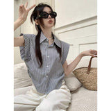 Stripe Chiffon Shirt Casual Tops for Women Loose-fit Short-sleeved Blouse