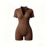 Women Ribbed Half Zip Stand Collar Short Sleeve Romper Slim Bodycon Bike Short Jumpsuit Fitness Workout Bodysuit
