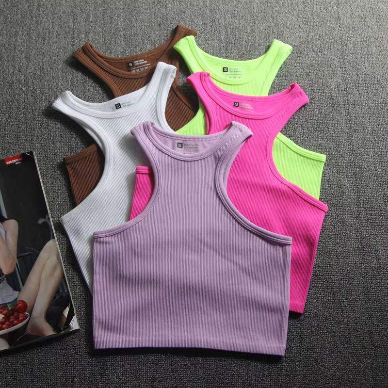 Ribbed Racer Back Round Neck Sports I-shaped Short Vest Bra Crop Top