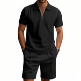 Men's Summer 2 Piece Outfit Waffle Knit Solid Color Casual Loose Lapel T-Shirt & Shorts Set