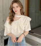 New Arrival Women's Halter Off-Shoulder T-shirt with Polka Dot Ruffle Women's Short Sleeve Top