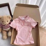 Women's Korean Style Pink Plaid Splice Slim Fit Polo Collar Short Sleeve T-shirt Summer Fashion Slimming Top