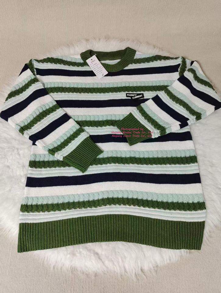 Men's Retro Round Neck Striped Knitted Sweater Lazy Trendy Fall and Winter Thickened Sweater Autumn Patchwork Sweater