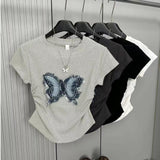 Women Fringe Butterfly Patch T Shirt Crew Neck Side Ruched Curved Hem Slim Fit Short Sleeve Multi Color Y2K Casual Crop Tops