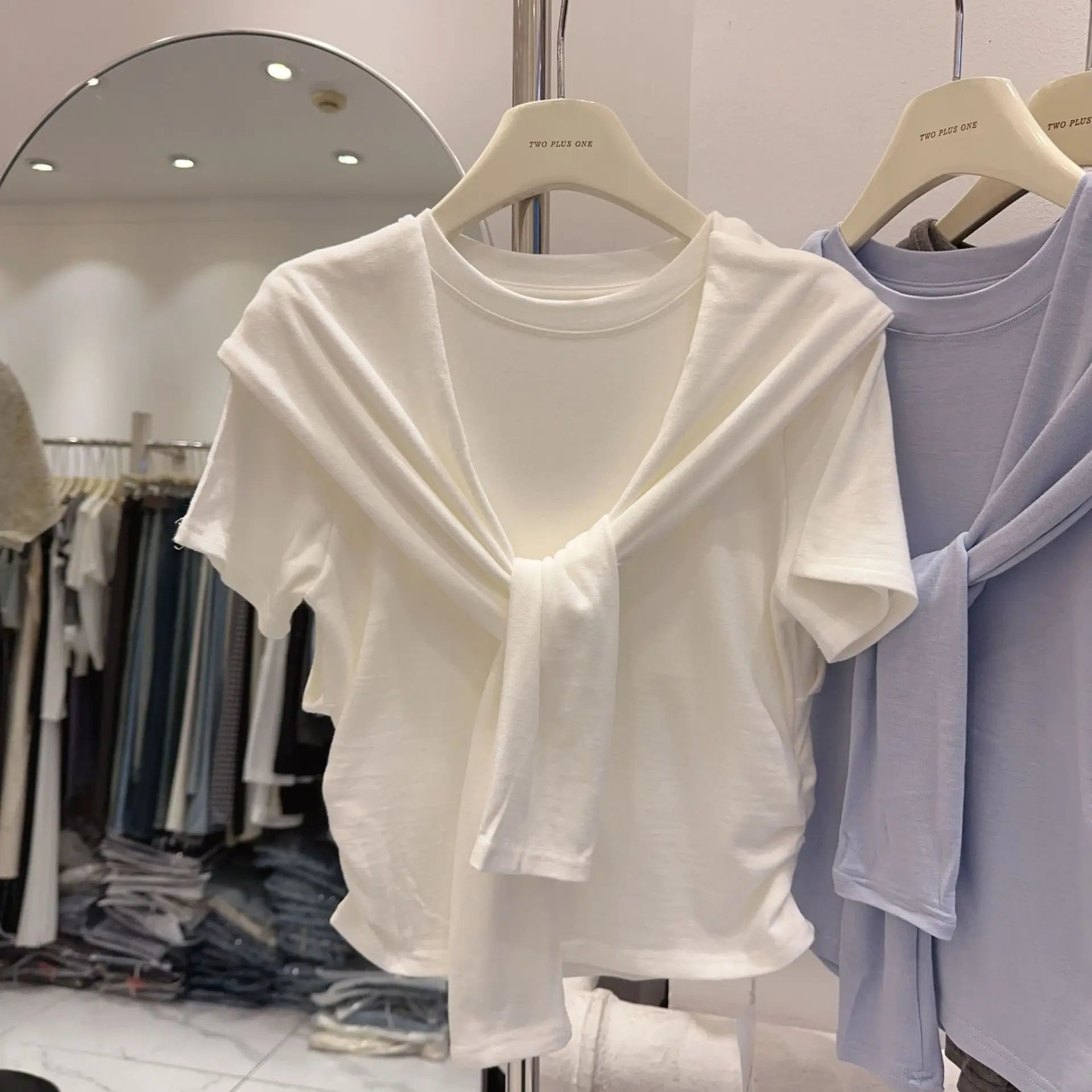 Design Sense Niche Shawl Faux Two - piece T-shirt Women's Short - sleeved Top Solid Color Short Top - Zeprah