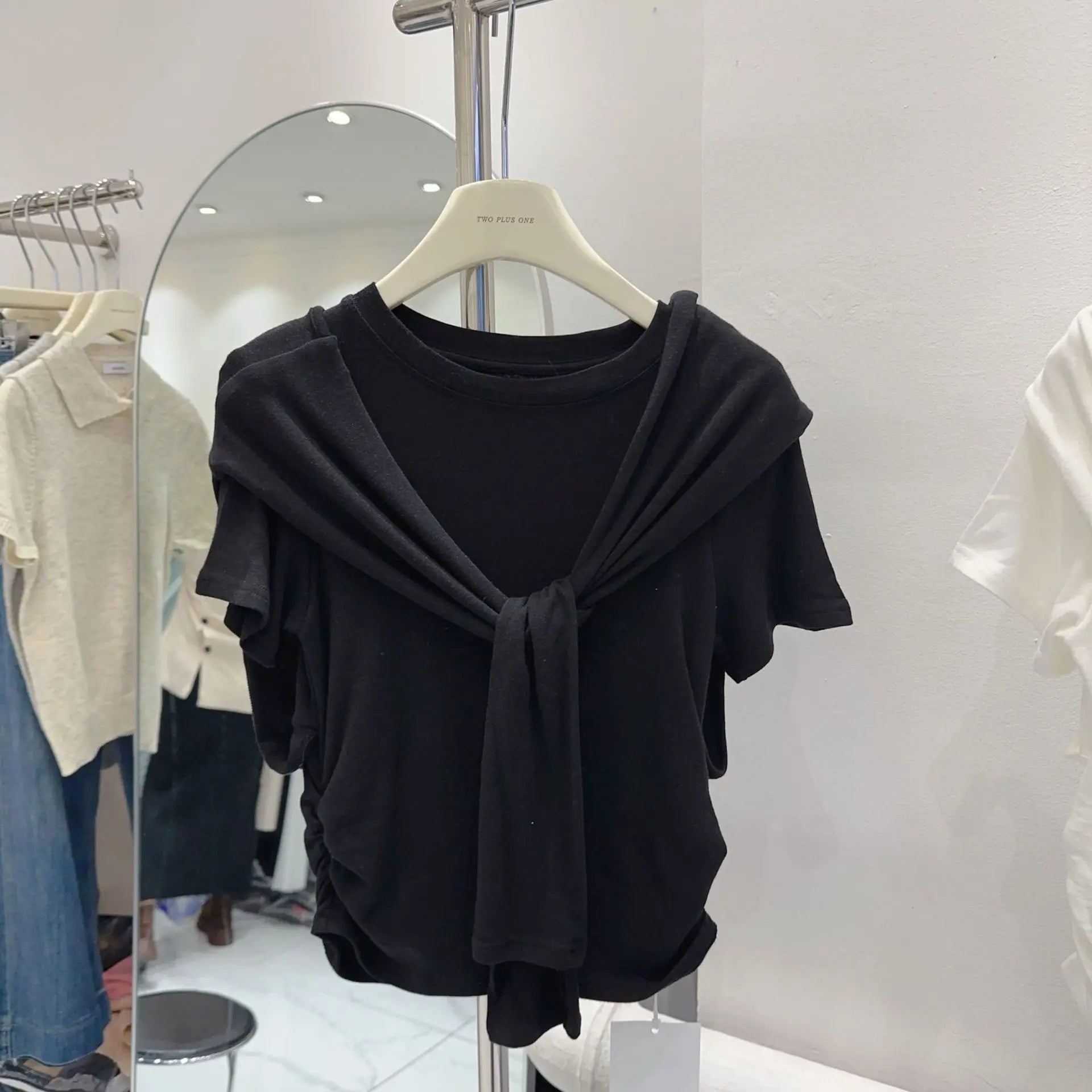 Design Sense Niche Shawl Faux Two - piece T-shirt Women's Short - sleeved Top Solid Color Short Top - Zeprah