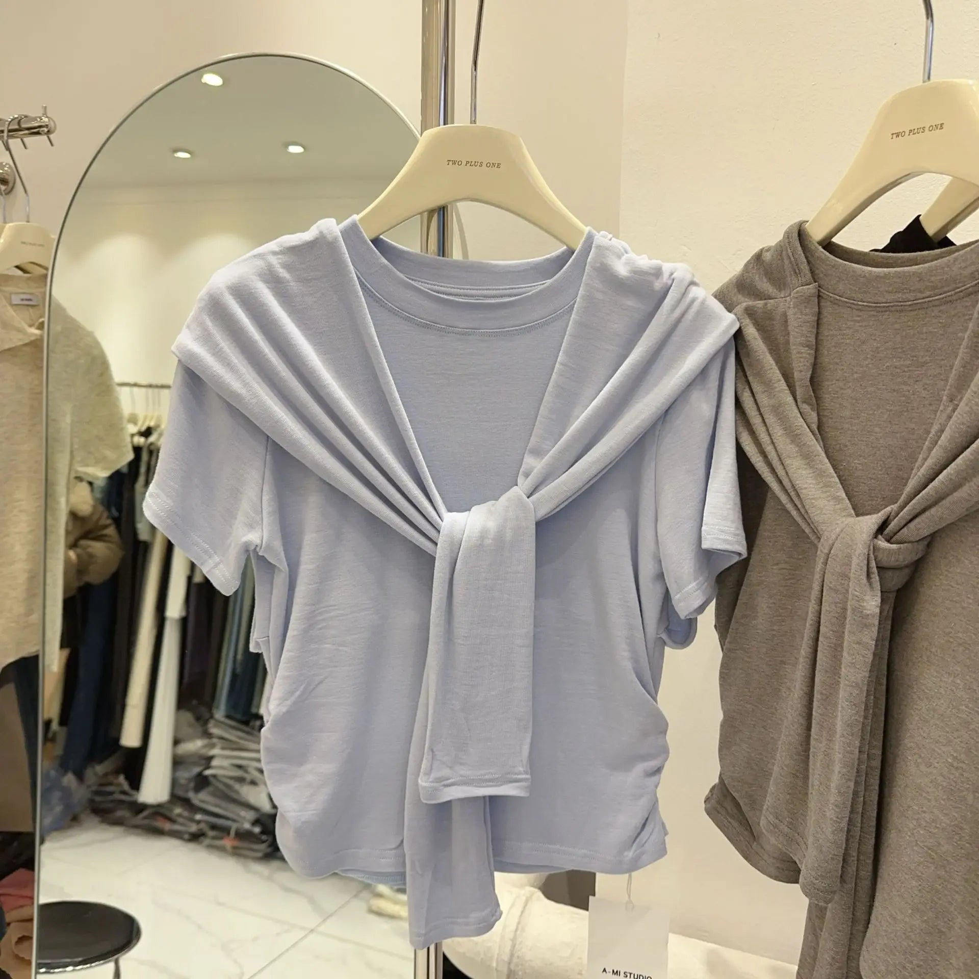 Design Sense Niche Shawl Faux Two - piece T-shirt Women's Short - sleeved Top Solid Color Short Top - Zeprah